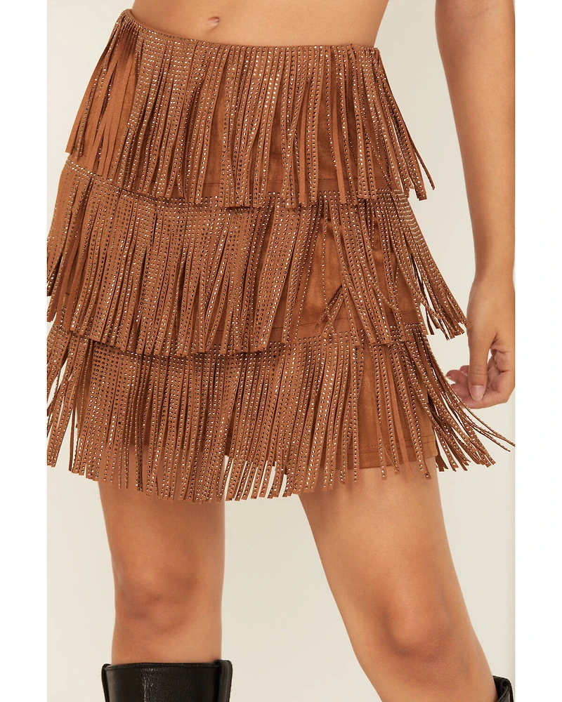 Fornia Women's Rhinestone Fringe Faux Suede Mini Skirt