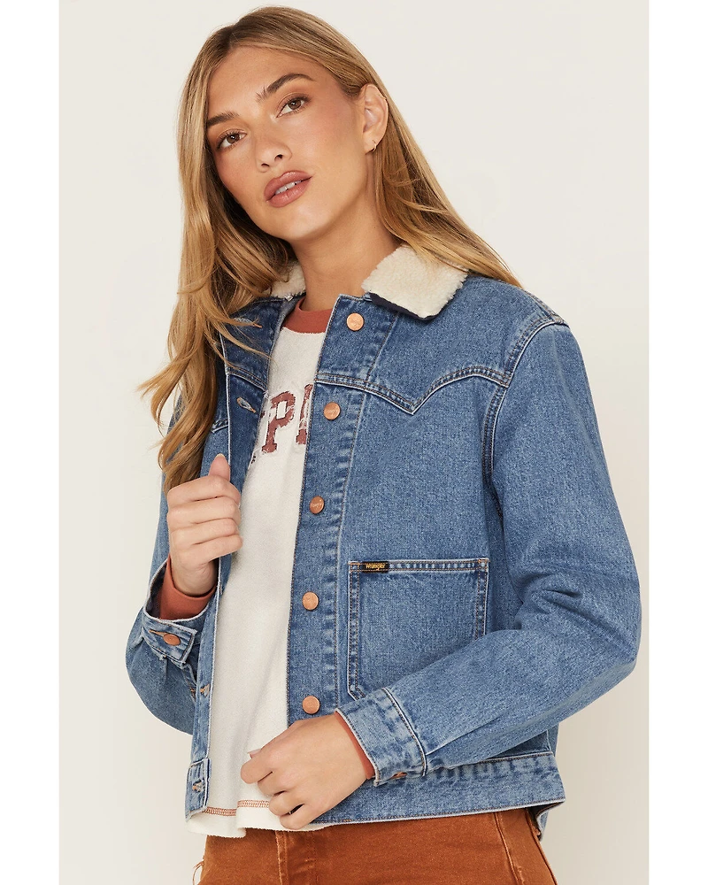 Wrangler Women's Light Wash Denim Sherpa Collar Western Jacket