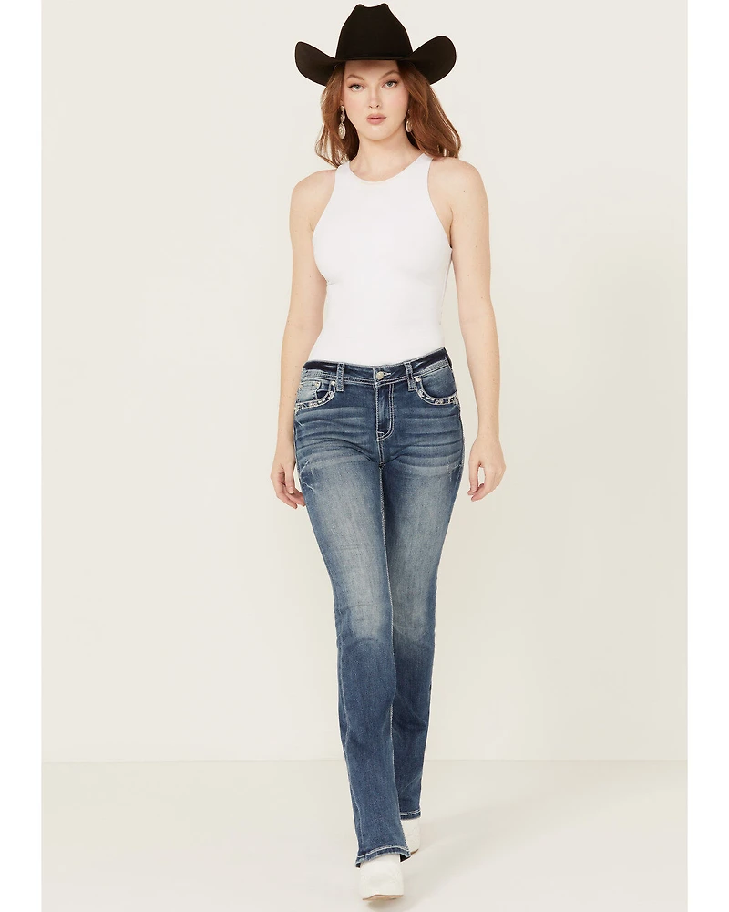Grace LA Women's Medium Wash Paisley Pocket Mid Rise Stretch Denim Jeans