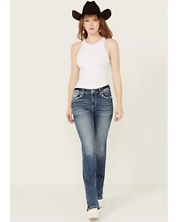 Grace LA Women's Medium Wash Paisley Pocket Mid Rise Stretch Denim Jeans