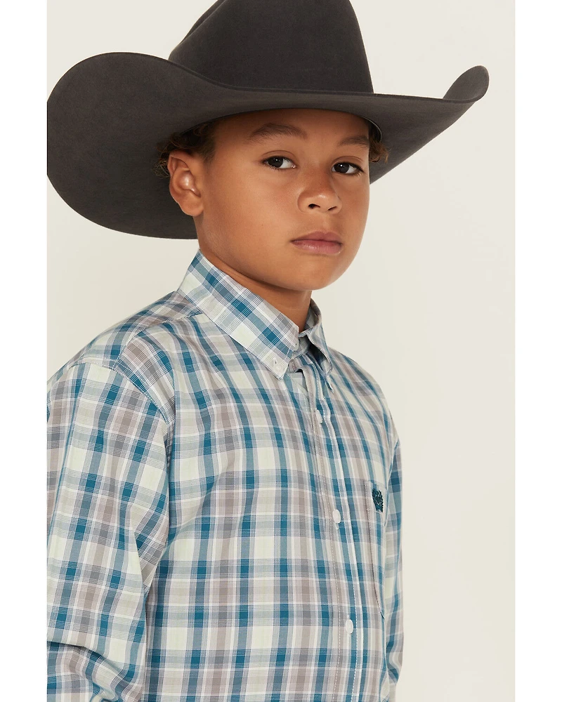 Cinch Boys' Plaid Print Long Sleeve Button-Down Western Shirt