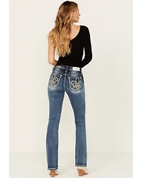 Miss Me Women's Dark Wash Mid Rise Fleur de Lis 34" Bootcut Stretch Denim Jeans