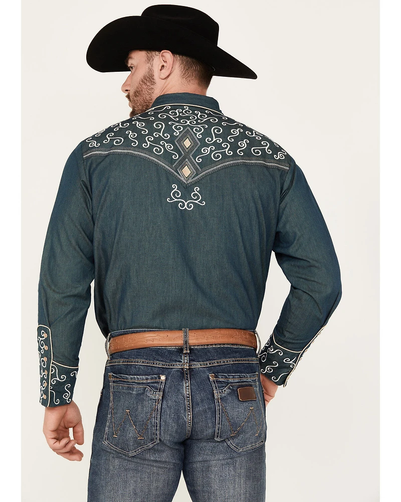 Scully Men's Denim Scroll Embroidered Long Sleeve Pearl Snap Western Shirt