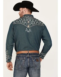Scully Men's Denim Scroll Embroidered Long Sleeve Pearl Snap Western Shirt