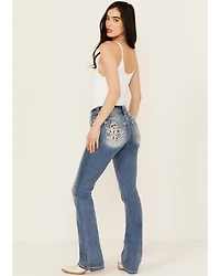Miss Me Women's Fleur de Lis Medium Wash Mid Rise 32" Bootcut Stretch Denim Jeans