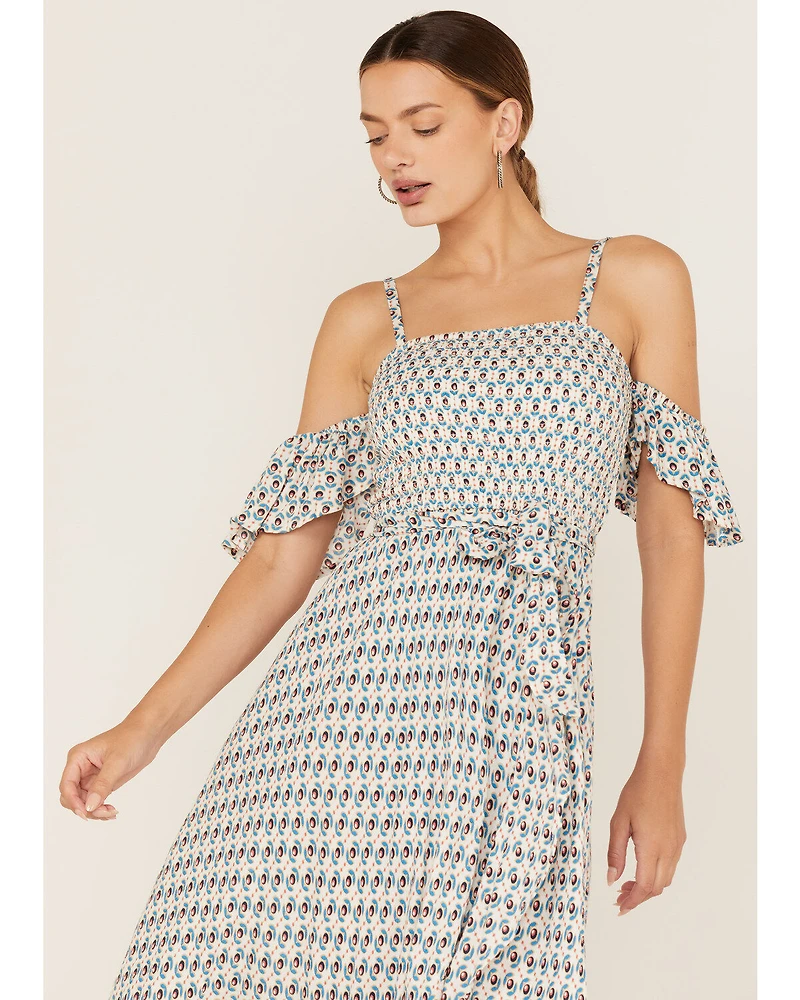 Band of the Free Women's Prism Geo Print Off Shoulder Smocked Wrap Midi Dress