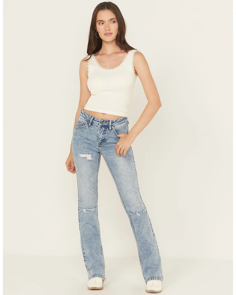 Rock & Roll Denim Women's Medium Wash Mid Rise Distressed Bootcut Stretch Jeans