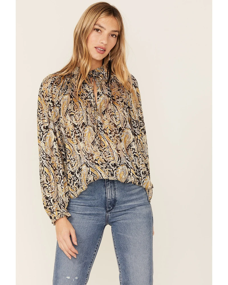 Revel Women's Paisley Print Long Sleeve Woven Chiffon Peasant Top