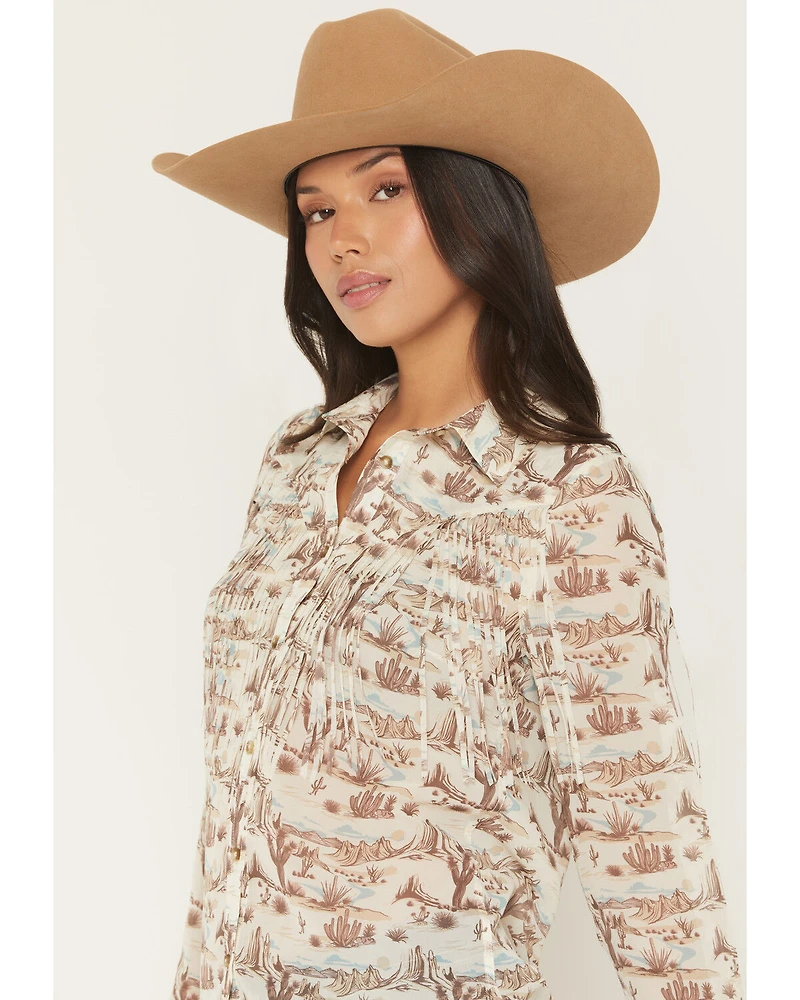 Shyanne Women's Mckean Desert Print Long Sleeve Fringe Button-Down Chiffon Western Shirt