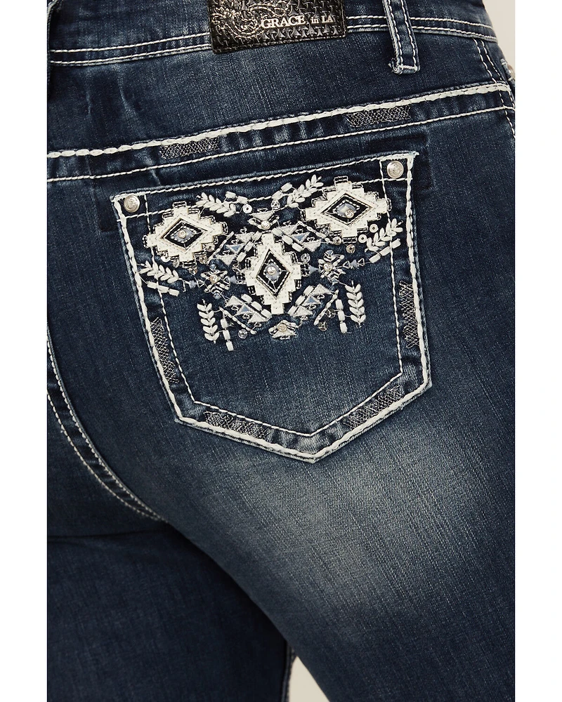 Grace LA Women's Medium Wash Mid Rise Geo Pocket Stretch Bootcut Jeans - Plus