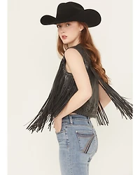 Blue B Women's Faux Leather Bandana Laser Cut Fringe Vest