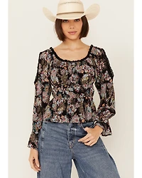 Wild Moss Women's Smocked Front Cold Shoulder Long Sleeve Shirt