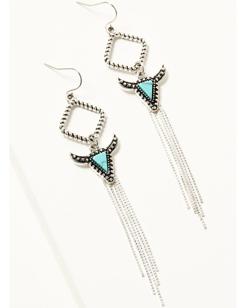 Shyanne Women's Turquoise-Toned Steer Head Fringe Earrings