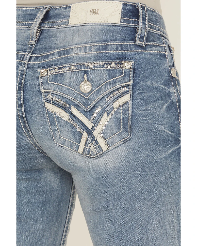 Miss Me Women's Medium Wash Mid Rise 34" Bootcut Stretch Denim Jeans