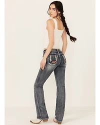 Grace LA Women's Light Wash Floral Horseshoe Pocket Mid Rise Bootcut Stretch Denim Jeans