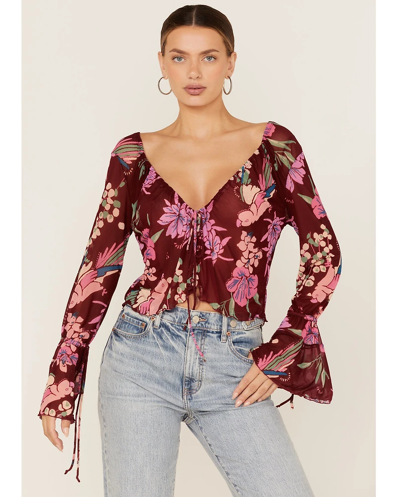 Free People Women's Floral Print Of Paradise Tie Front Crop Top