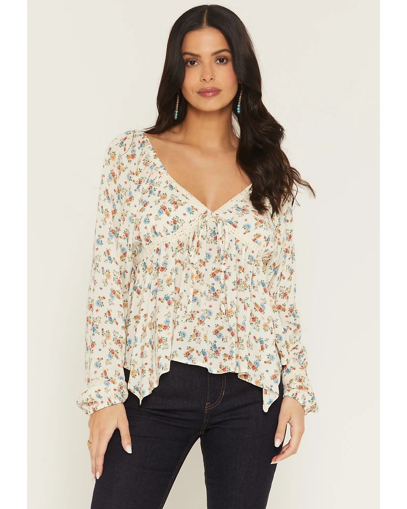 Wild Moss Women's Floral Print Long Sleeve Hanky Hem Top