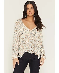 Wild Moss Women's Floral Print Long Sleeve Hanky Hem Top