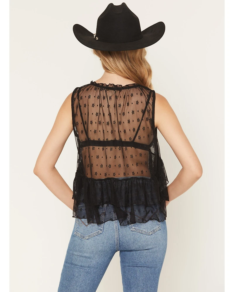 Originality Women's Lace Tie-Front Sleeveless Ruffle Top