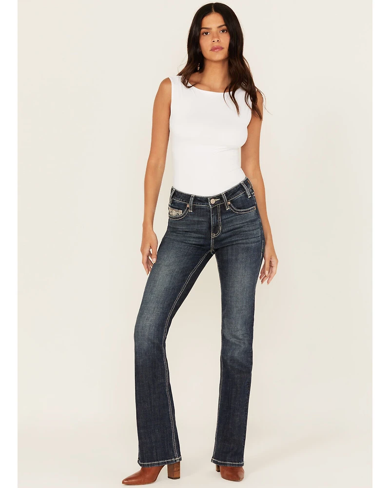 Rock & Roll Denim Women's Dark Wash Mid Rise Scallop Embroidered Bootcut Stretch Jeans