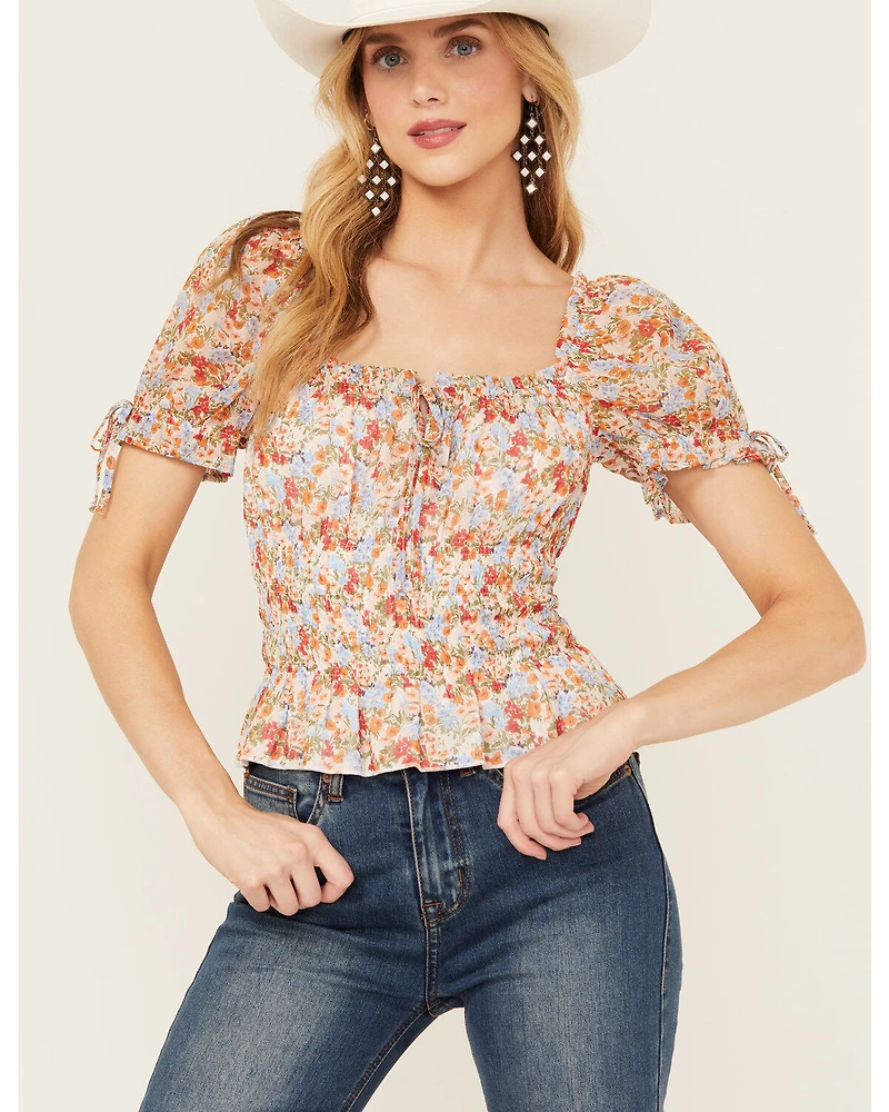 Ash & Violet Women's Short Sleeve Floral Smocked Crop Top