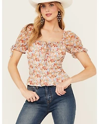 Ash & Violet Women's Short Sleeve Floral Smocked Crop Top