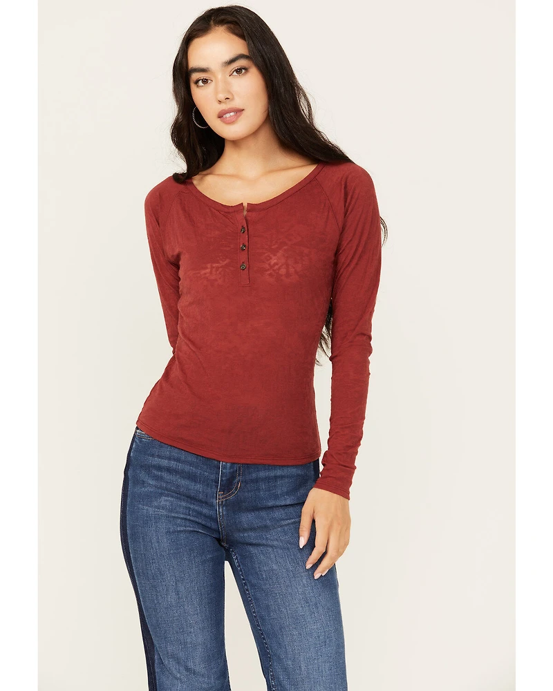 Shyanne Women's Long Sleeve Southwest Burnout Print Henley Shirt
