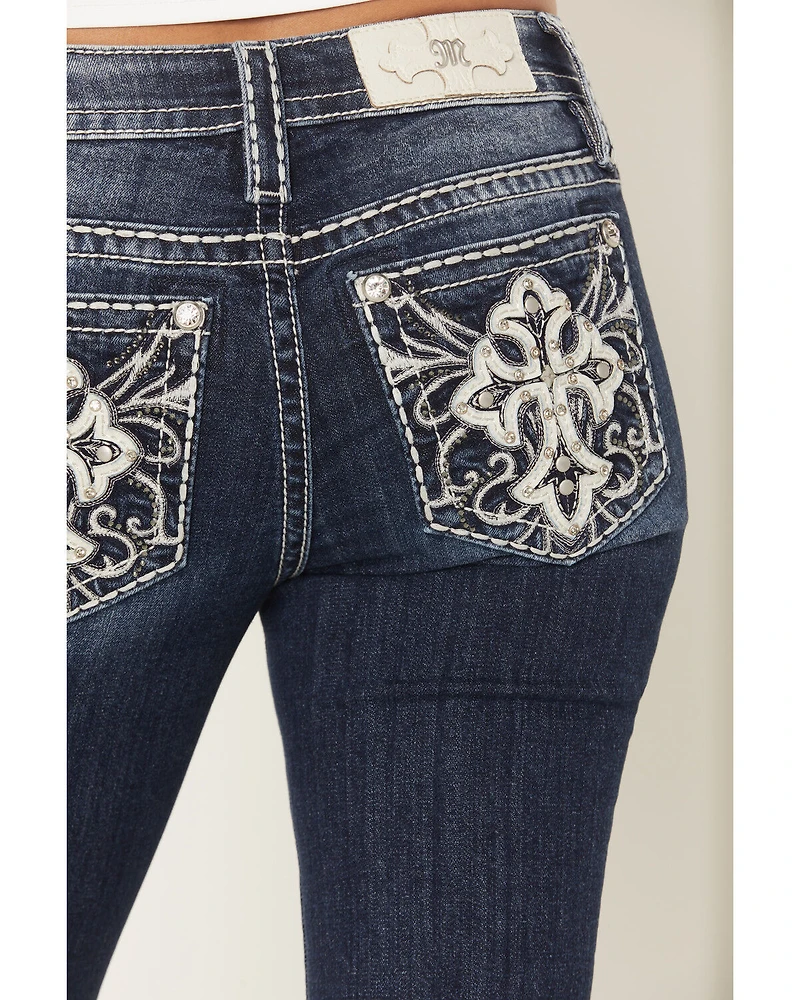Miss Me Women's Dark Wash Mid Rise Faux Flap Pocket 34" Bootcut Stretch Denim Jeans