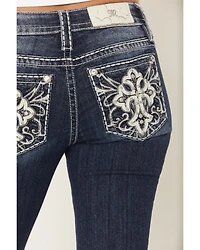 Miss Me Women's Dark Wash Mid Rise Faux Flap Pocket 34" Bootcut Stretch Denim Jeans