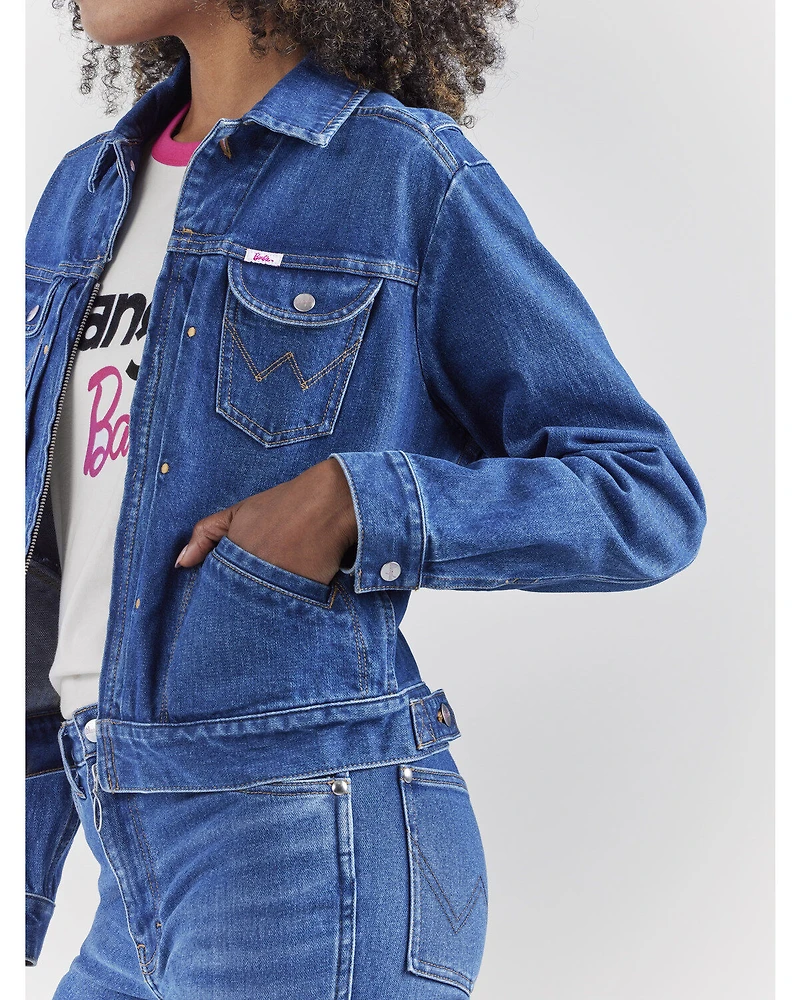 Wrangler® X Barbie™ Women's Dark Wash Logo Zip Front Denim Jacket