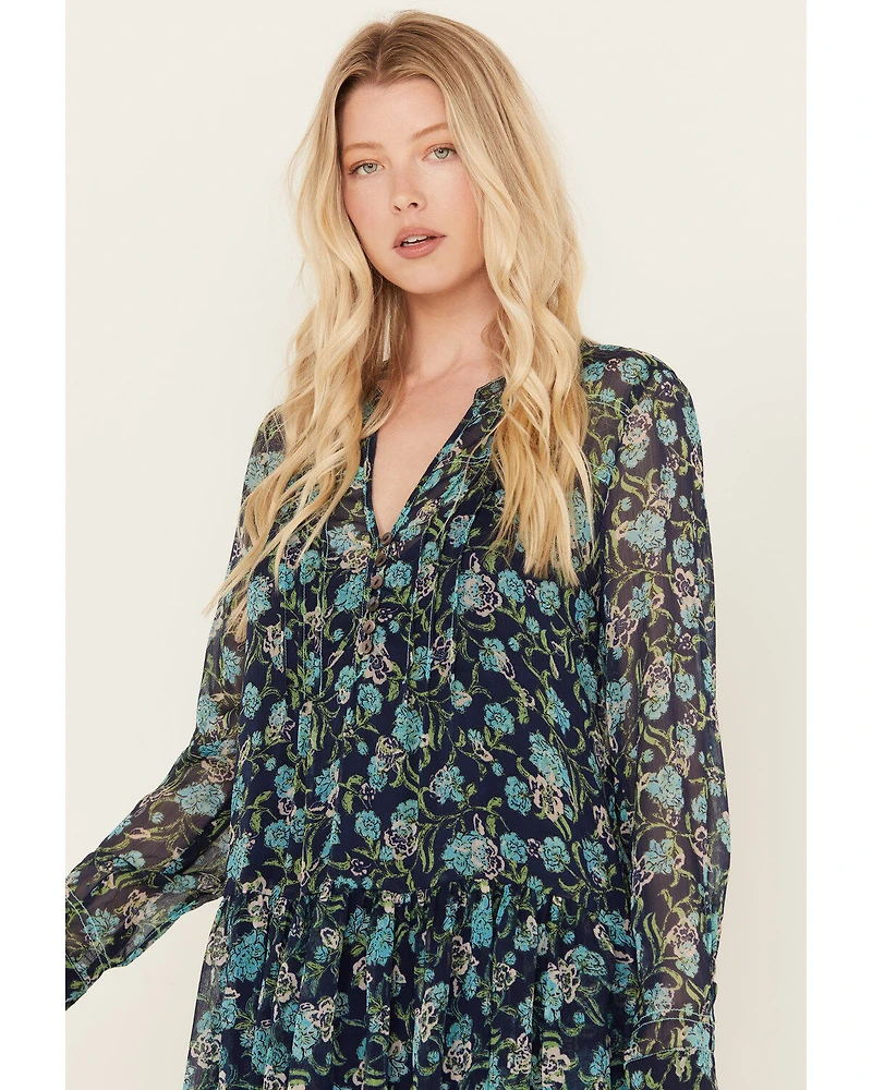Free People Women's See It Through Floral Long Sleeve Maxi Dress