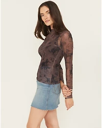 Blue B Women's Cowboy Conversation Print Long Sleeve Mesh Shirt