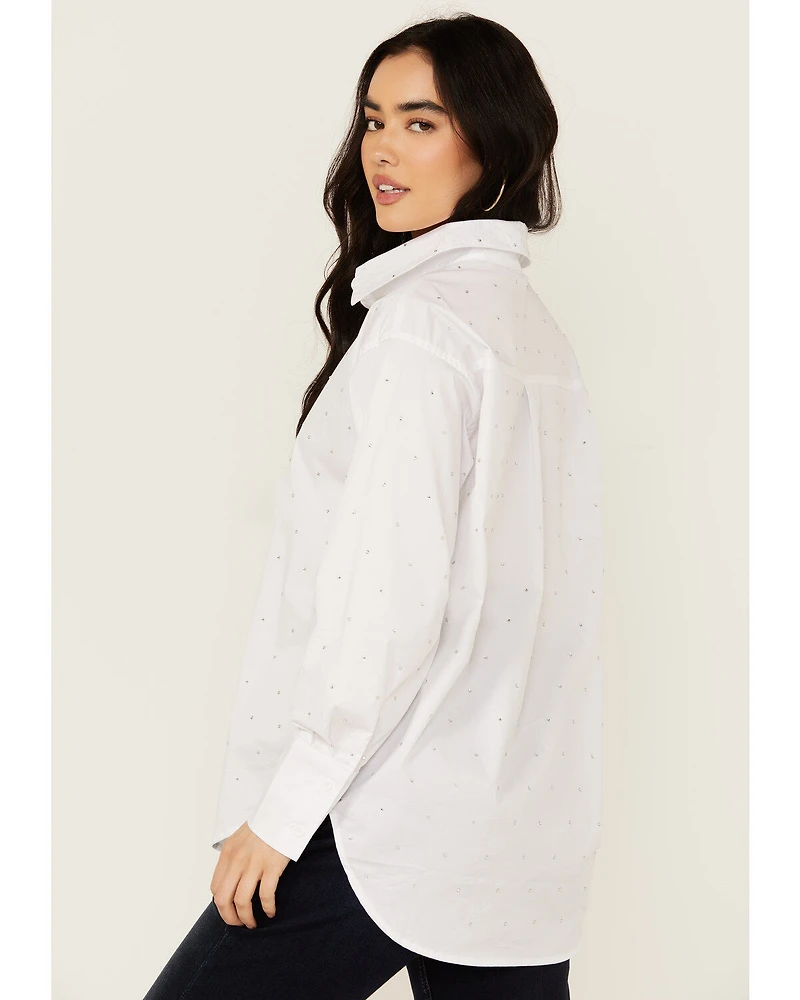 Blue B Women's Solid Rhinestone Long Sleeve Button-Down Shirt