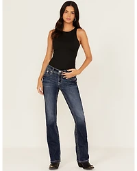 Miss Me Women's Dark Wash Mid Rise Feather Pocket 32" Bootcut Stretch Denim Jeans