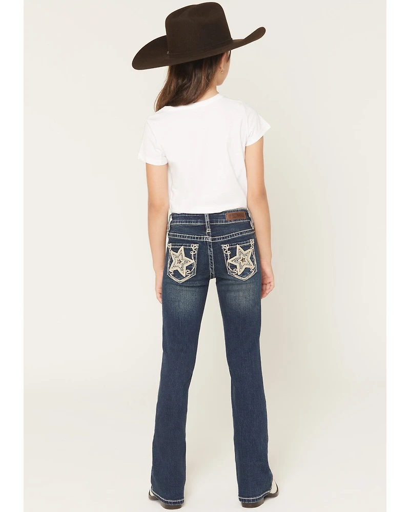 Rock & Roll Denim Girls' Dark Wash Star Embroidered Bootcut Stretch Jeans