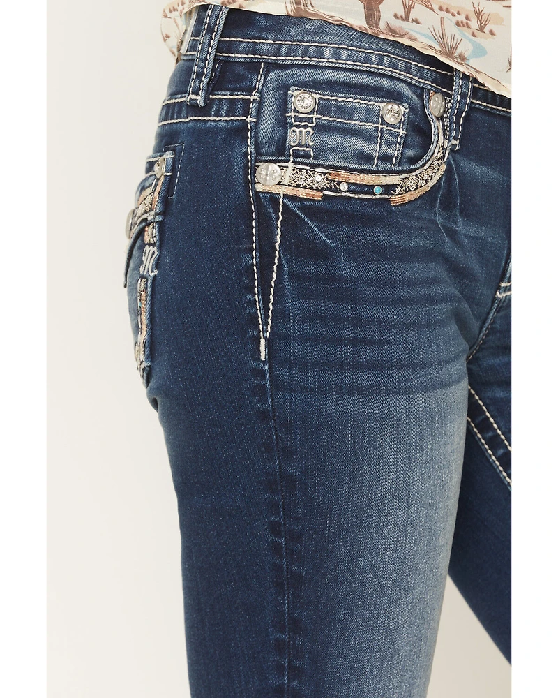 Miss Me Women's Medium Wash Mid Rise Border Pocket 32" Bootcut Stretch Denim Jeans