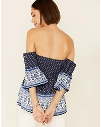 Temped Women's Border Print Smocked Off Shoulder Short Sleeve Top