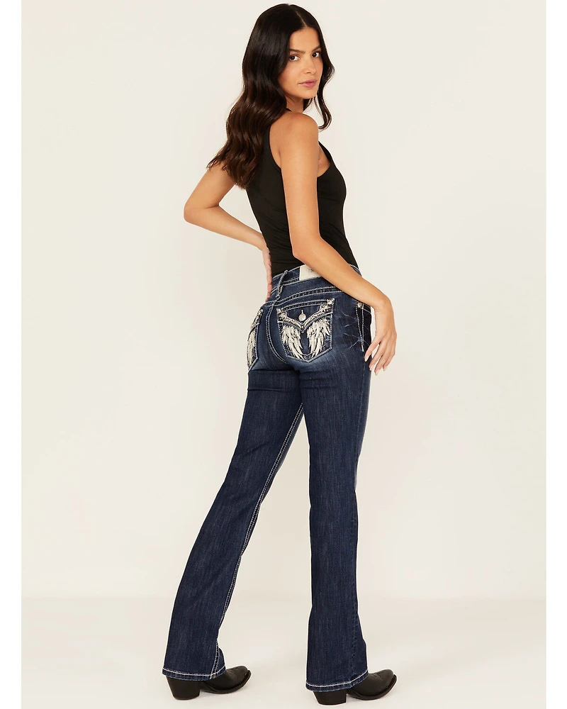 Miss Me Women's Dark Wash Mid Rise Feather Pocket 32" Bootcut Stretch Denim Jeans