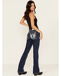 Miss Me Women's Dark Wash Mid Rise Feather Pocket 32" Bootcut Stretch Denim Jeans