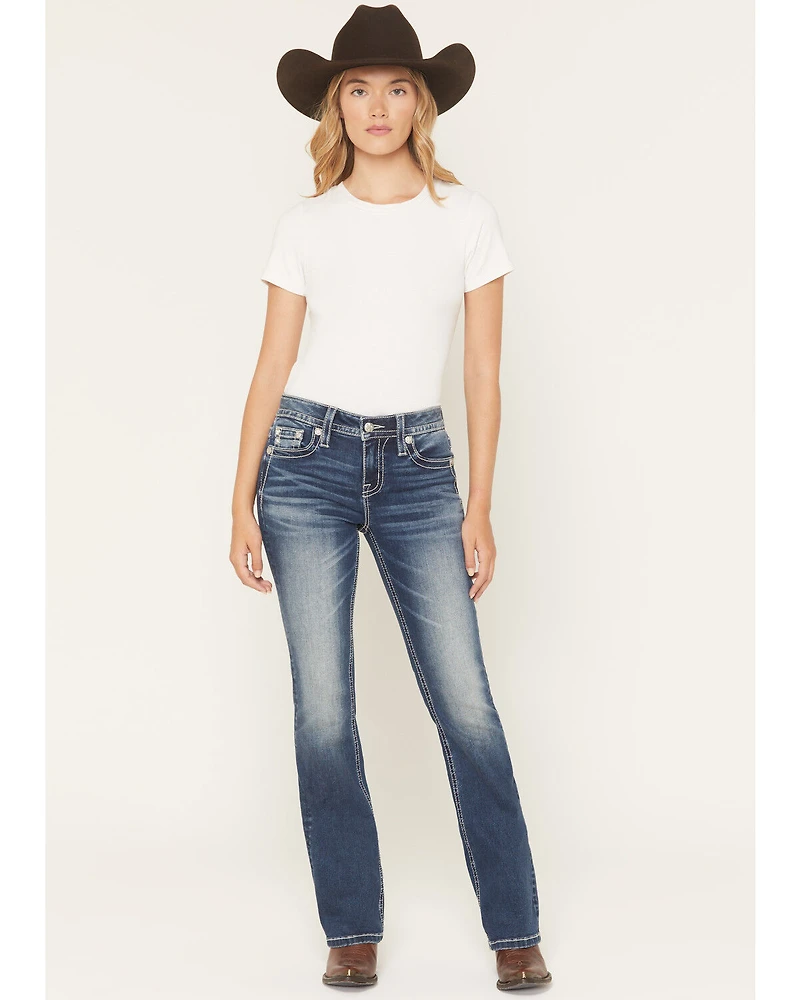 Miss Me Women's Dark Wash Mid Rise Embroidered Pocket 34" Bootcut Stretch Denim Jeans