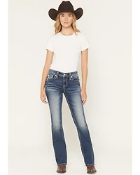 Miss Me Women's Dark Wash Mid Rise Embroidered Pocket 34" Bootcut Stretch Denim Jeans