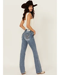 Miss Me Women's Medium Wash Mid Rise Americana Pocket 34" Bootcut Stretch Denim Jeans