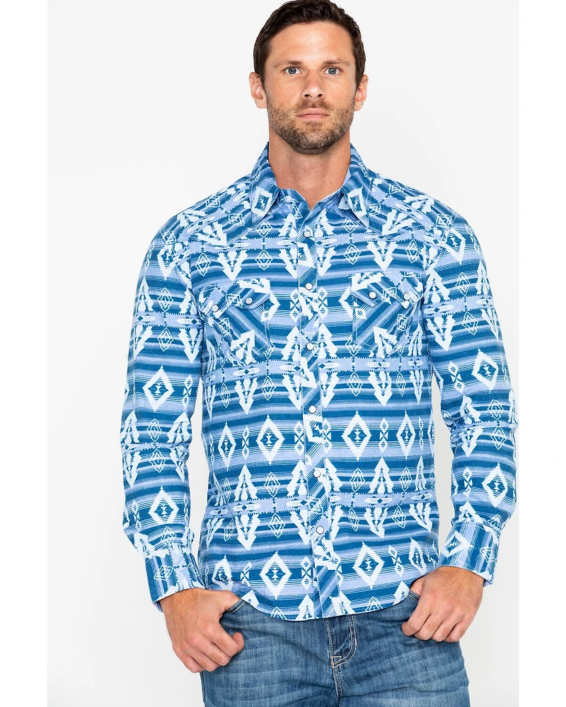 Rock & Roll Denim Men's Striped Southwestern Print Long Sleeve Pearl Snap Western Shirt