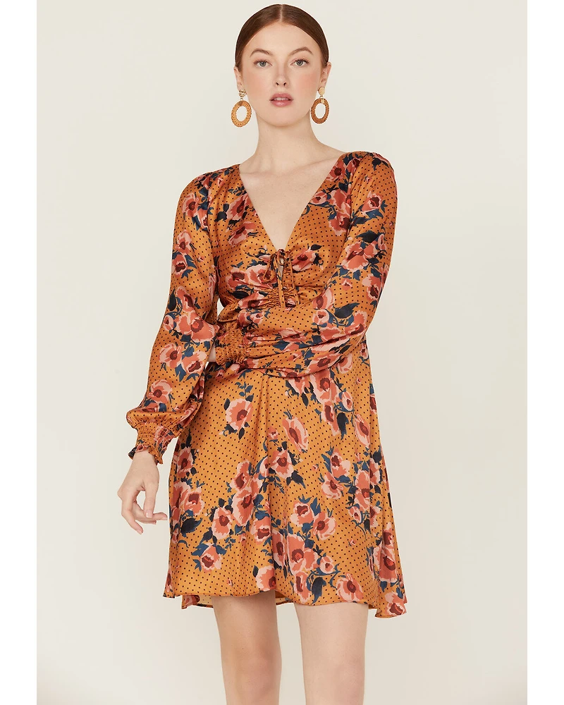 Beyond The Radar Women's Floral Dot Satin Long Sleeve Mini Dress