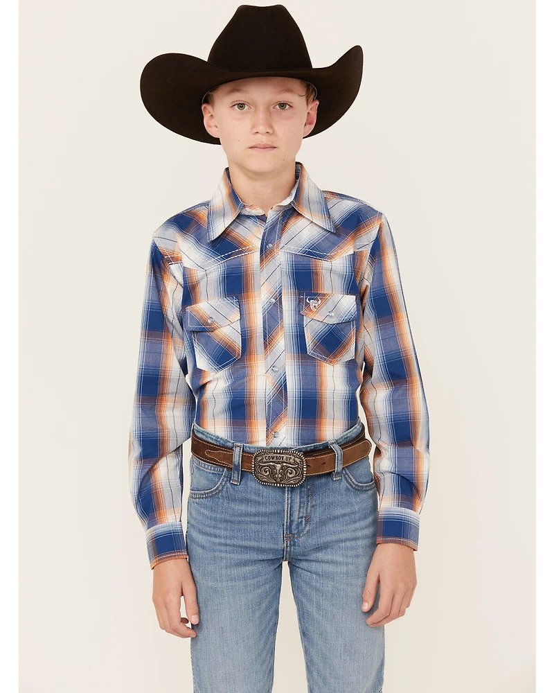 Cowboy Hardware Boys' Plaid Print Long Sleeve Pearl Snap Western Shirt