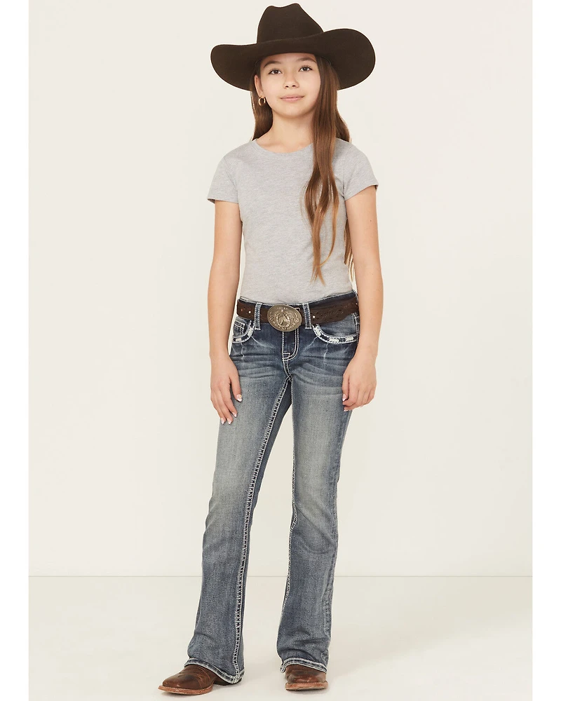 Grace LA Girls' Medium Wash Horse Pocket Bootcut Stretch Denim Jeans