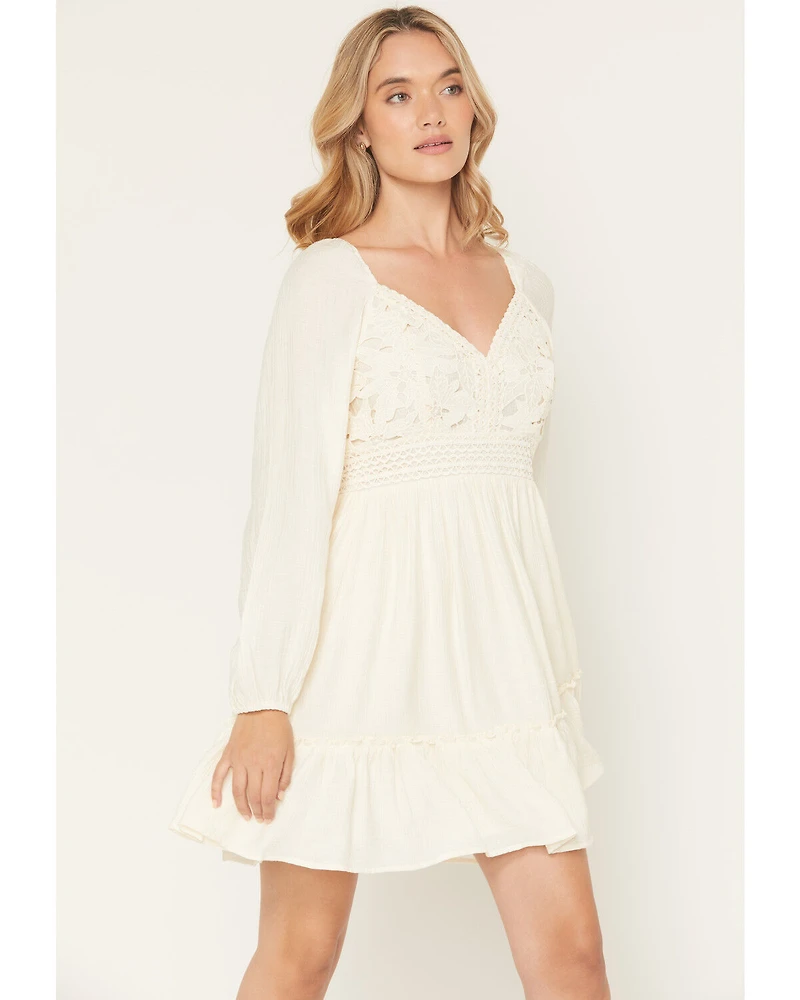 Shyanne Women's Crochet Lace Long Sleeve Mini Dress