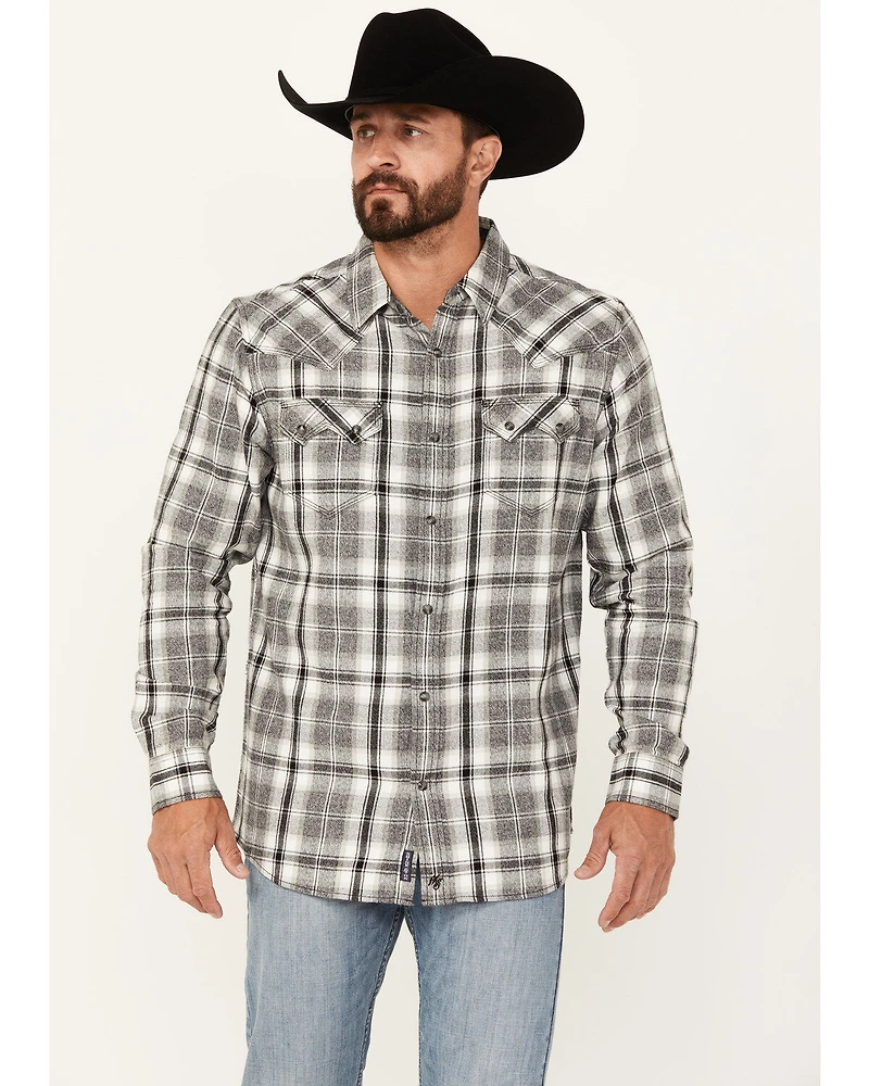 Moonshine Spirt Men's Gray Cloud Plaid Print Long Sleeve Snap Western Shirt