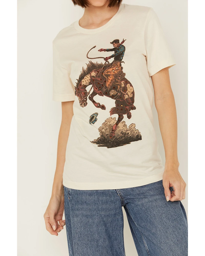 Gina Tees Women's Boujee Broncho Rhinestone Short Sleeve Graphic Tee