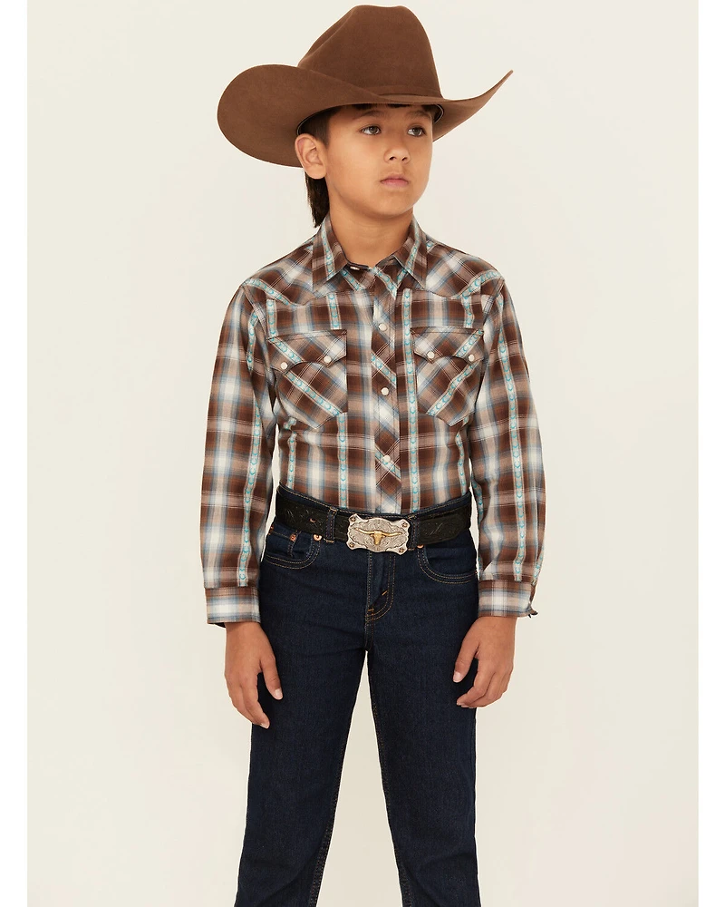 Roper Boys' Plaid Print Horseshoe Long Sleeve Snap Western Shirt